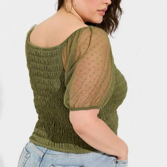 Torrid Women's Plus Size Dot Mesh Square Neck Smocked Crop Top - Picture 4 of 5